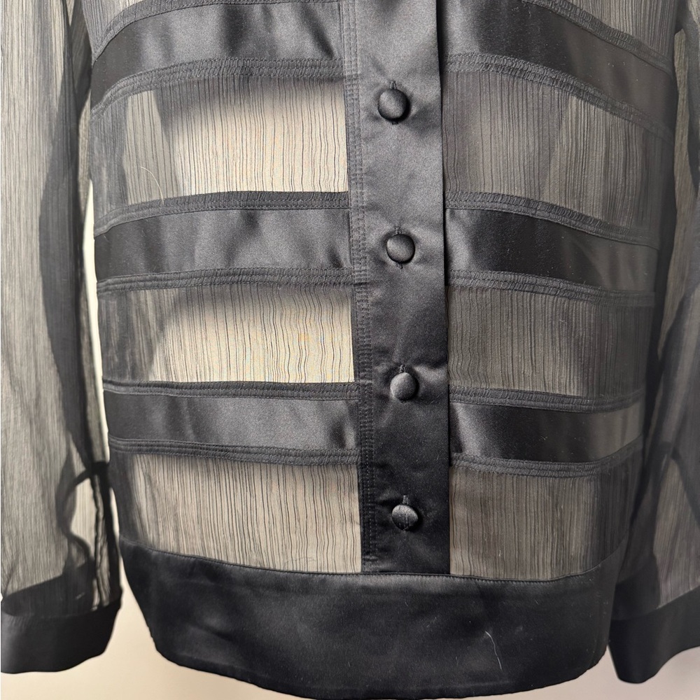 THE KOOPLES Sheer Button Front Striped Shirt w/ Accent Tie Collar BLACK / LARGE - Picture 3 of 15